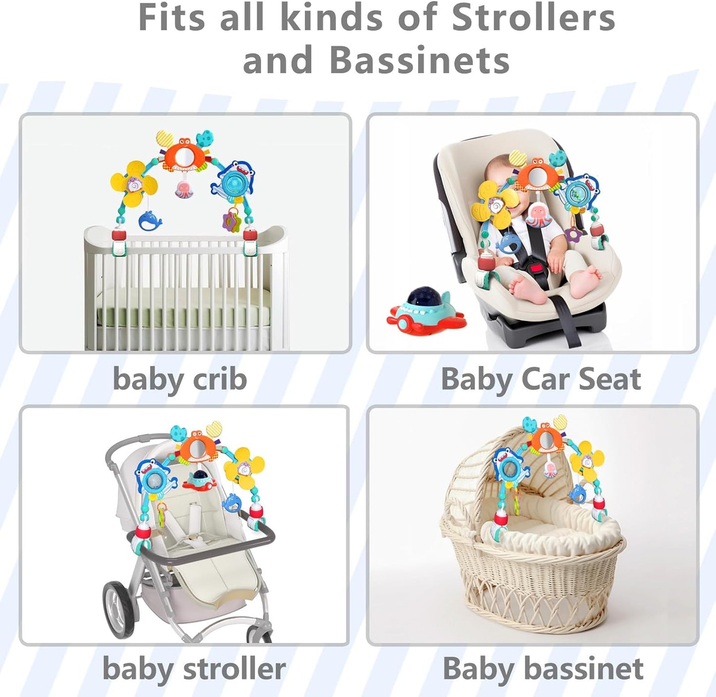 Musical Baby Stroller Arch, Travel Car Seat Toys, Baby Play Arch Crib Accessory, Mobile for Bassinet, Pram Activity Arch Bar for Babies Infants