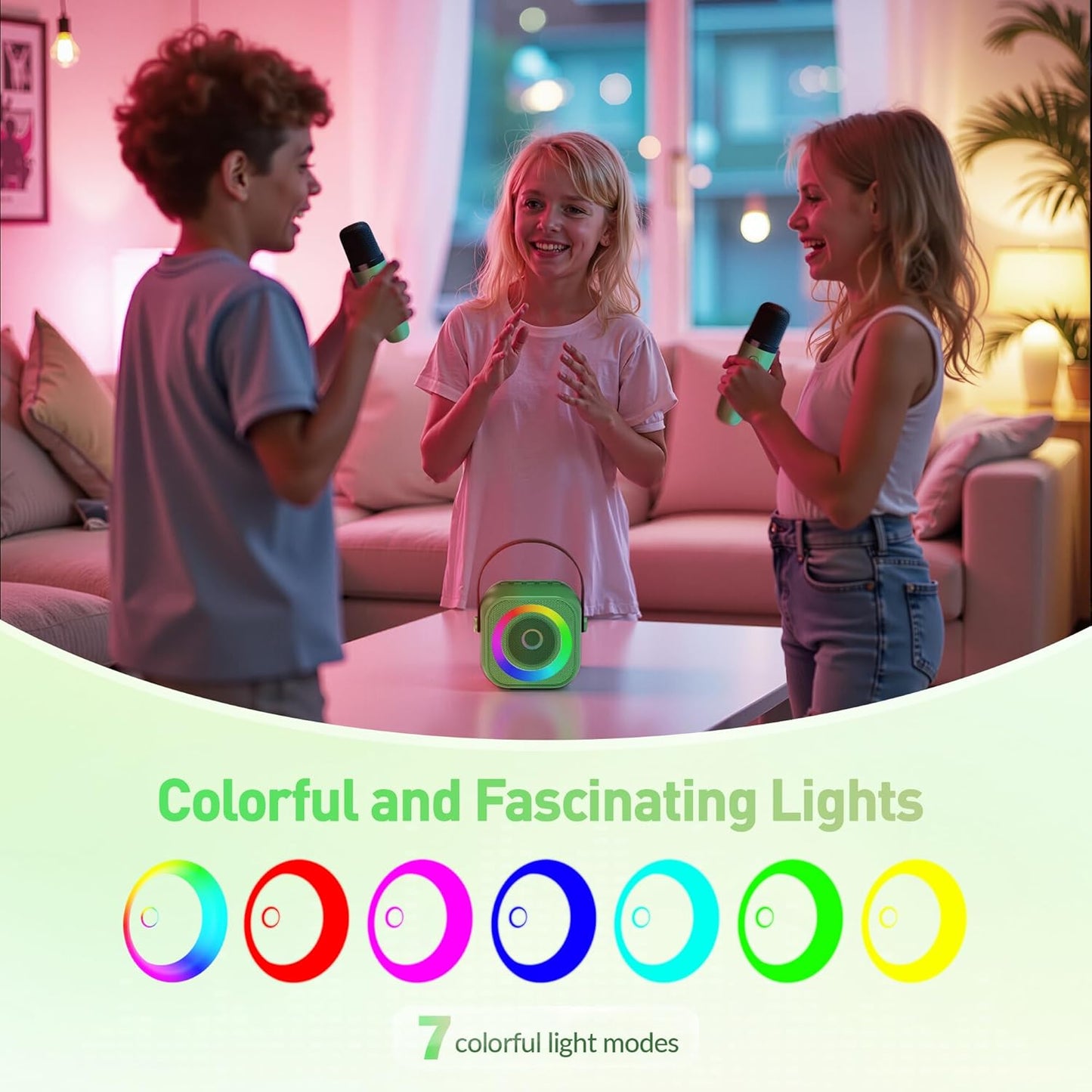 Mini Karaoke Machine：Portable Bluetooth Karaoke Microphone, Singing Speaker with 2 Wireless Mic and Light Kids Adults, Christmas Birthday Gifts for Girls Boys Family Home Party(Green)