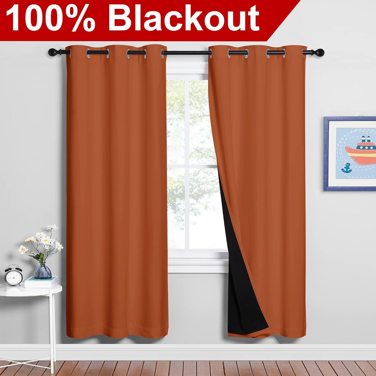 NICETOWN 100% Blackout Window Curtain Panels, Full Light Blocking Drapes with Black Liner for Nursery, 72-inch Drop Thermal Insulated Draperies (Burnt Orange, 2 Pieces, 42-inch Wide Per Panel)