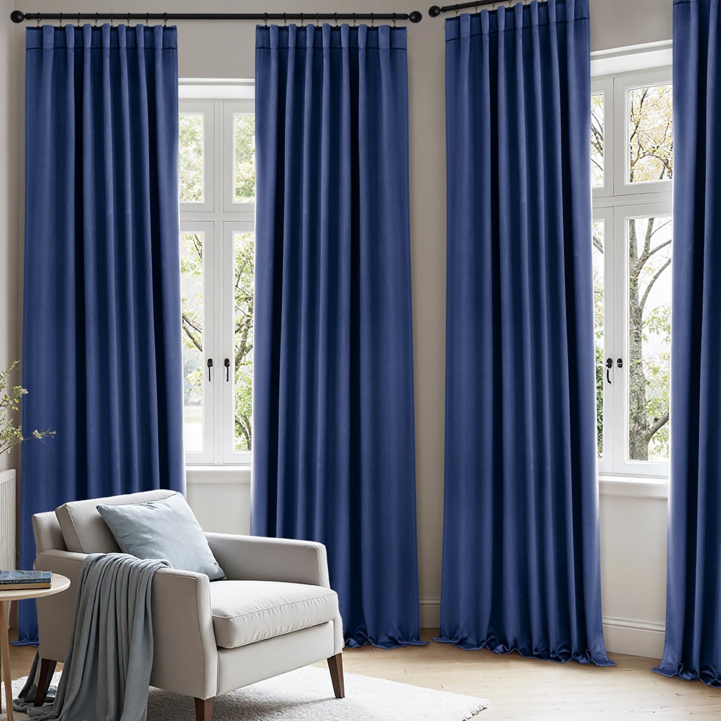 ANRODUO Back Tab Blackout Curtains for Bedroom Living Room, Rod Pocket Pinch Pleated Thermal Insulated Room Darkening Curtains 84 Inches Long 2 Panels, Navy Blue, 42 x 84 Inch