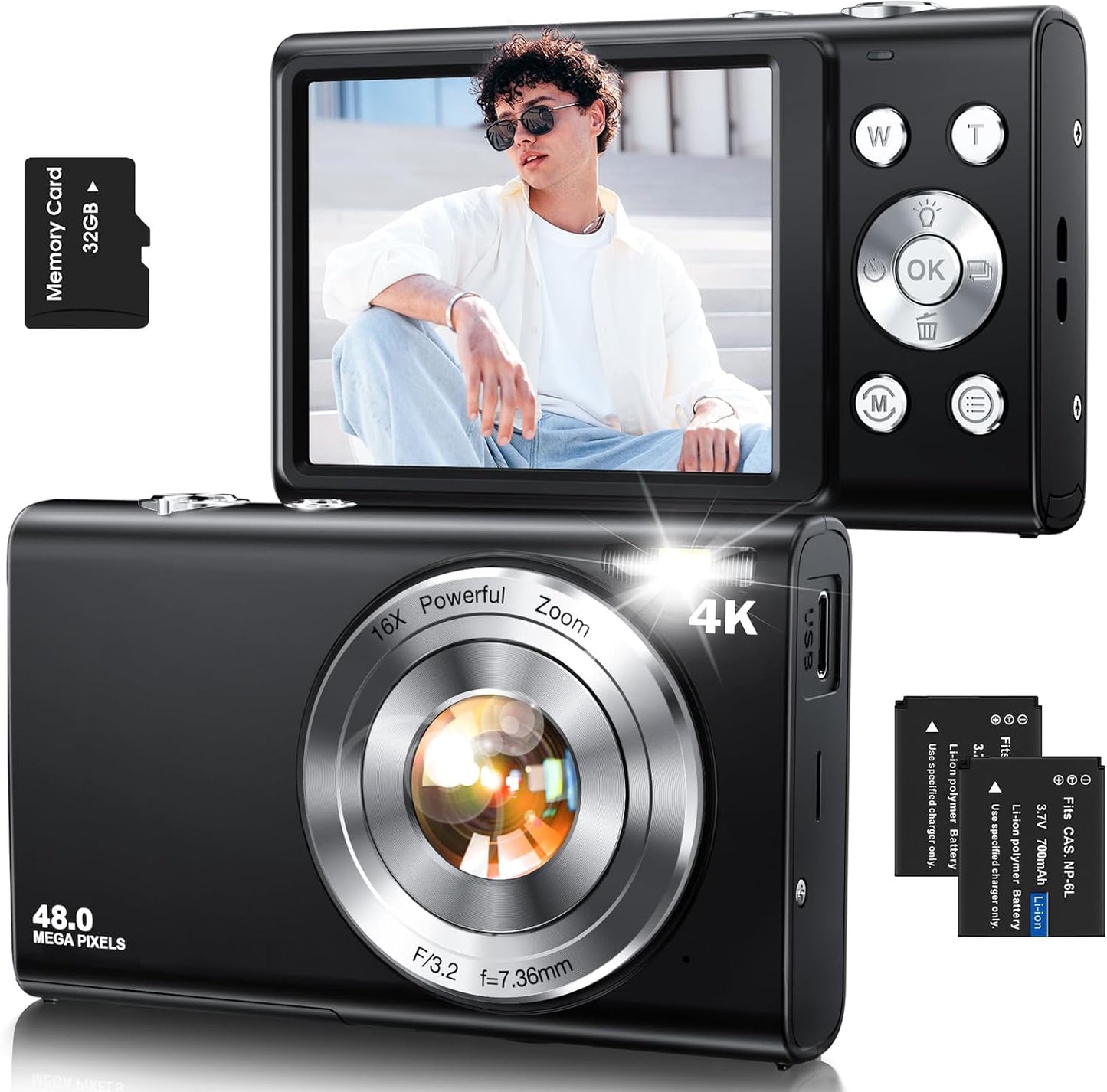 Digital Camera,Autofocus 4K Vlogging Camera for Photography with 32GB Card,48MP Portable Compact Point and Shoot Digital Camera for Teens Adult Beginner with 16X Zoom,Anti-Shake,2 Batteries(Black)