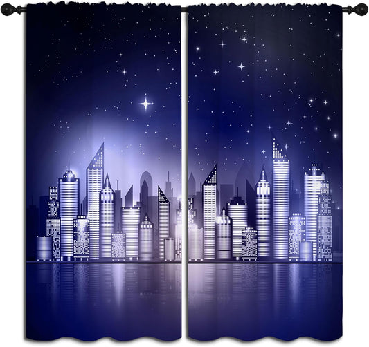 City Rod Pocket Blackout Curtains for Boy Girl Bedroom, New York Skyline Modern City Starry Sky Night View Thermal Insulated Home Window Drapes for Living Room Darkening, 72x63 inch
