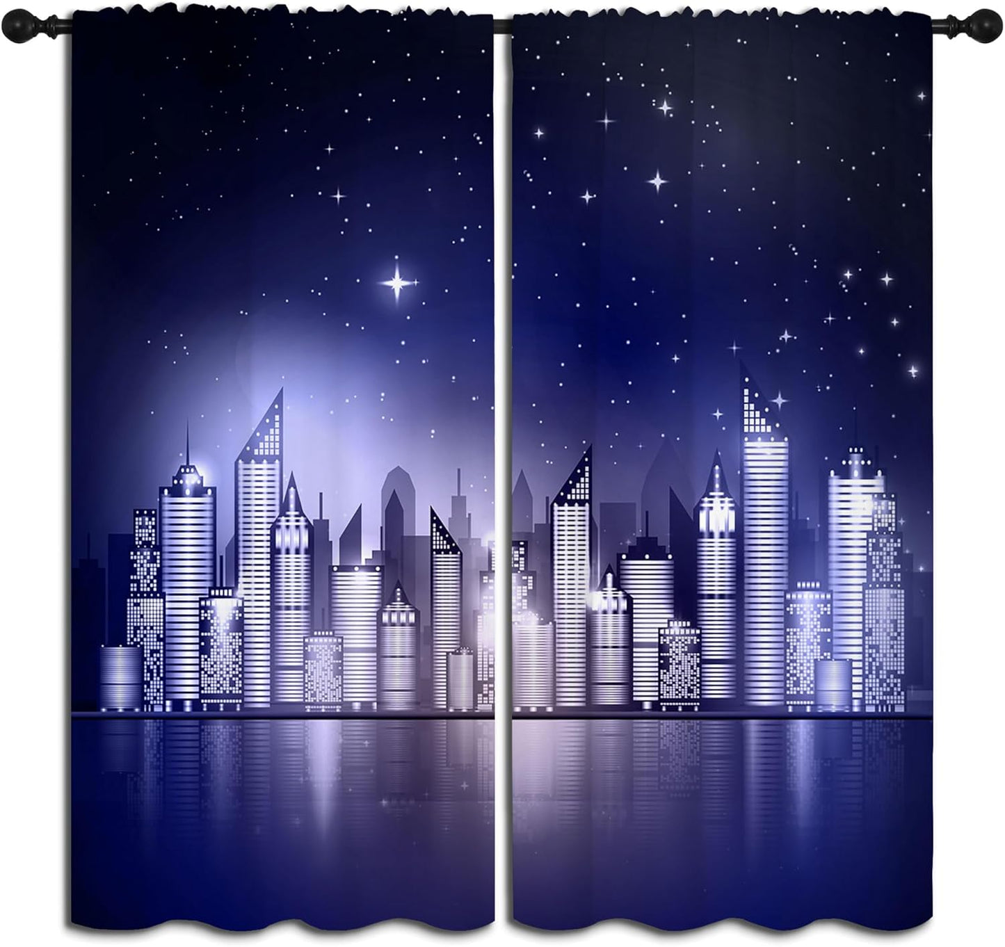 City Rod Pocket Blackout Curtains for Boy Girl Bedroom, New York Skyline Modern City Starry Sky Night View Home Energy Efficient Light Filtering Window Curtain for Living Room, 42x63 inch