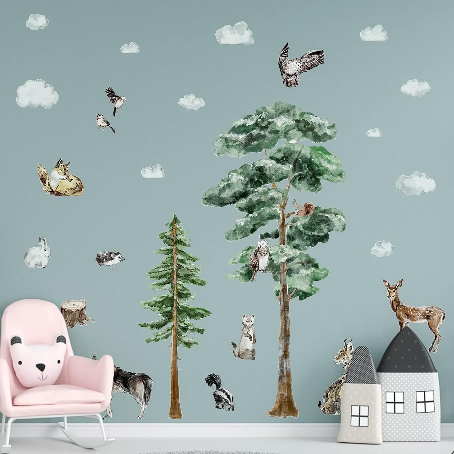 Large Woodland Animal Creature Wall Decals Peel and Stick Vinyl 52in Forest Pine Tree Animal Wall Decals Watercolor Jungle Safari Animal Wall Stickers Decor for Nursery Kids Room Toddler Baby Bedroom