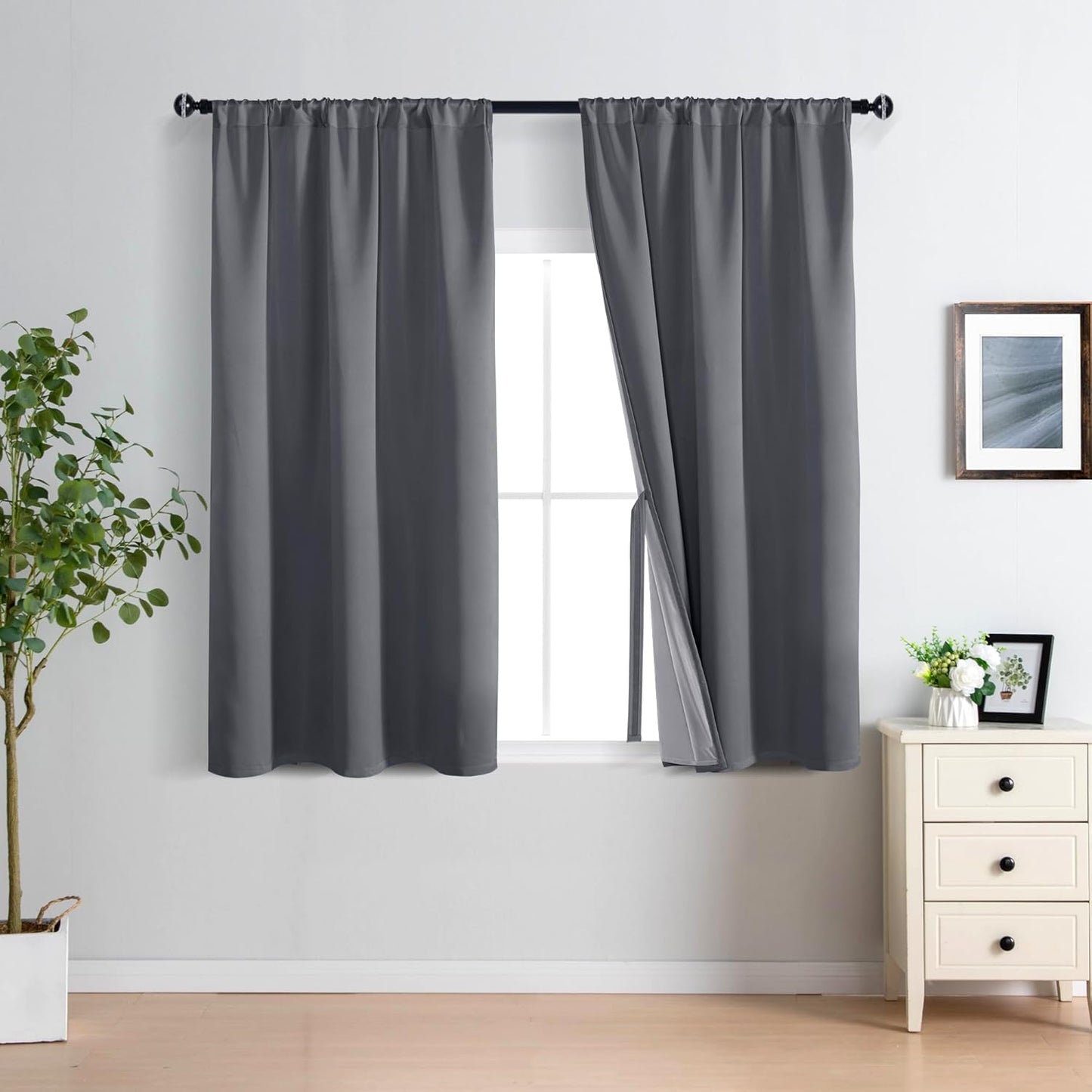 XWZO 100% Blackout Curtains 45 Inches Long with Tiebacks- Rod Pocket Privacy Protection & Noise Blocking Window Draperies with Black Liner for Bedroom/Living Room, Dark Grey, W42 x L45, Set of 2