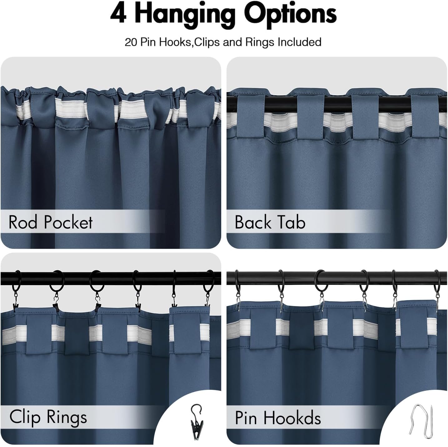 ANRODUO Back Tab Blackout Curtains for Bedroom Living Room, Rod Pocket Pinch Pleated Thermal Insulated Room Darkening Curtains 72 Inches Long 2 Panels, Stone Blue, 42 x 72 Inch