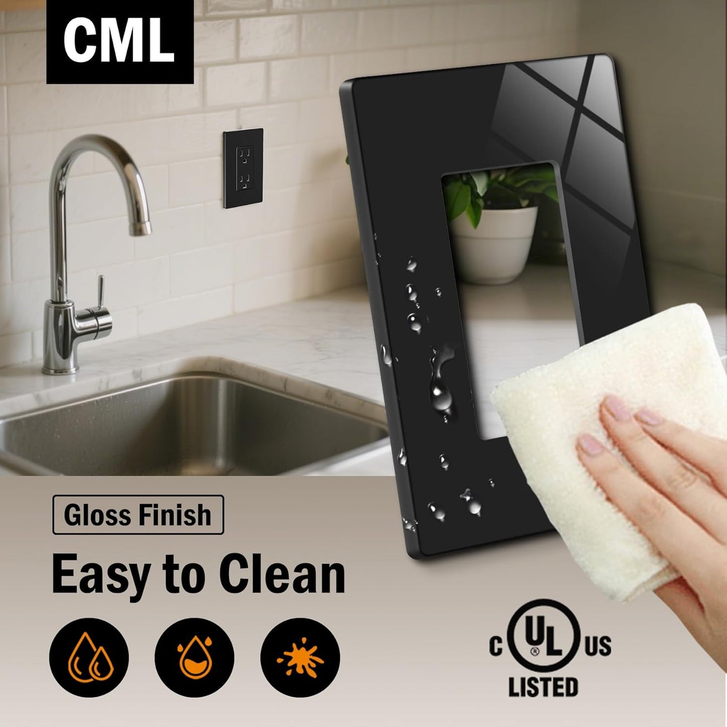 CML Black Decorator Screwless Wall Plate, 8 Pack Receptacle Outlet Cover, 1-Gang Hidden Screw Smooth Face Switch Plates, Standard Size 2.91”x4.68”, UL Listed