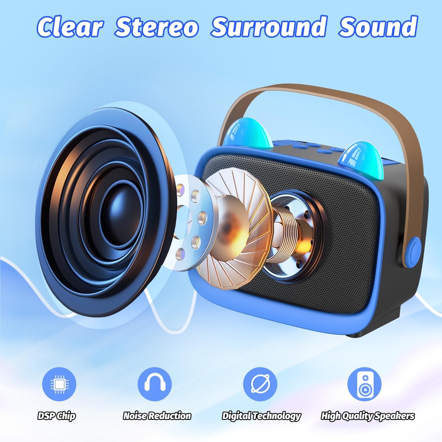 Mini Karaoke Machine Toys Gifts,Kids Portable MP3 Player with 2 Wireless Microphone and LED,Christmas Birthday Gifts for Girls Boys 3 4 5 6 7 8+ Year Old (Blue)
