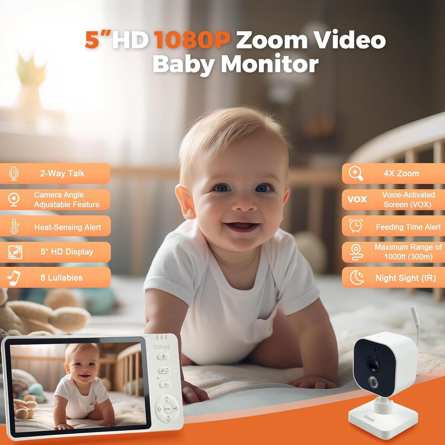 Wireless Baby Car Camera Monitor 5" HD 1080P IPS, 360° Rotating Camera with Auto/Manual Night Vision, 1000ft Range, Anti-Glare Display & USB Charging for Backseat, Home, Travel，Camping