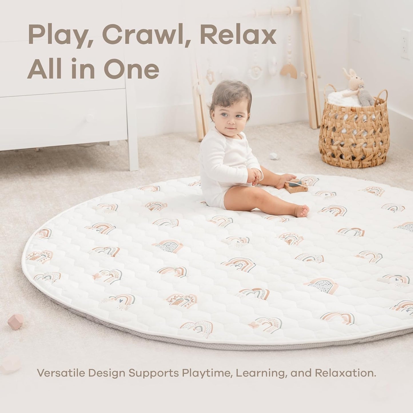 Comfy Cubs Round Kids Play Mat - Large 60 inches Soft Quilted Baby Floor Mat with Non-Slip Bottom - Plush Design for Toddlers' Playtime and Relaxation - Comfortable and Durable - Rainbow