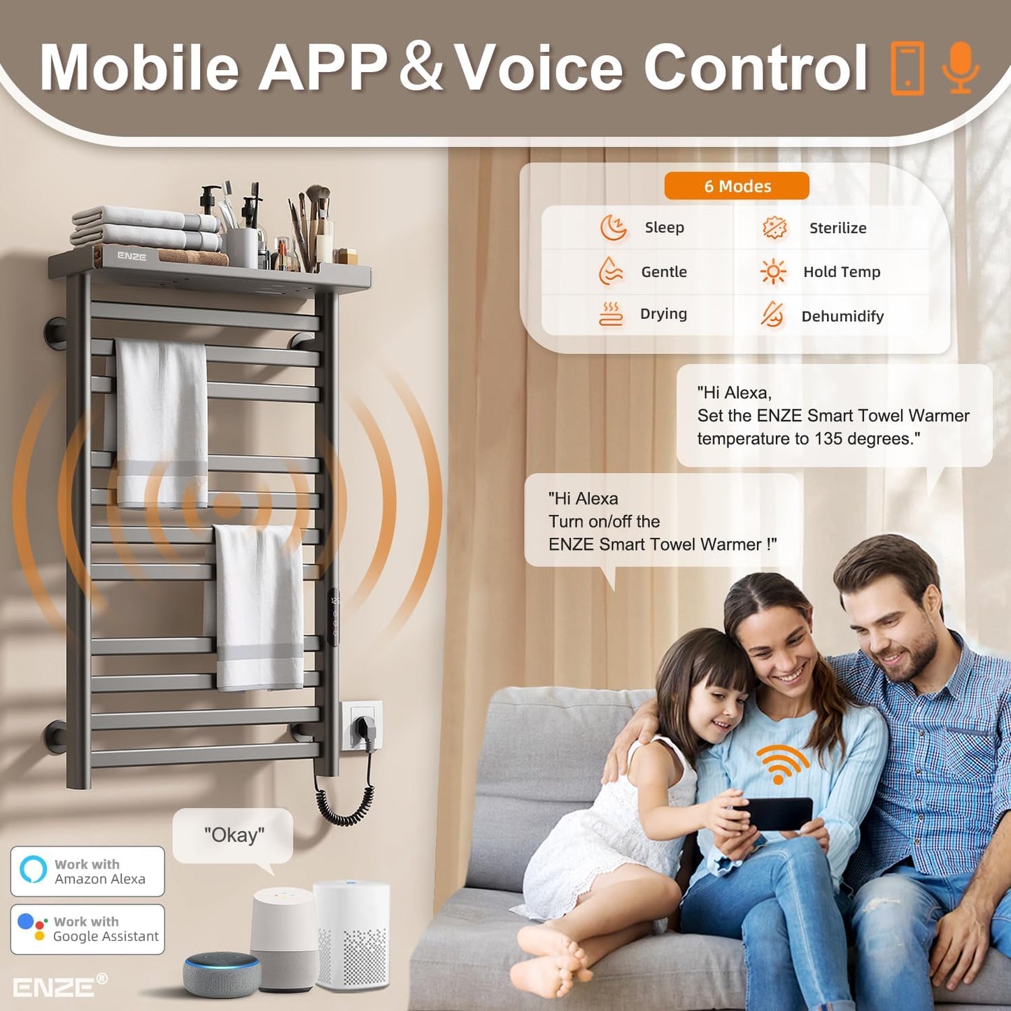 ENZE Heated Towel Rack with Shelf and Wi-Fi App Control, 11 Bars Electric Wall Mounted Towel Warmer with Timer & Adjustable Temperature, Low Carbon Steel, Plug-in/Hardwired, Gray