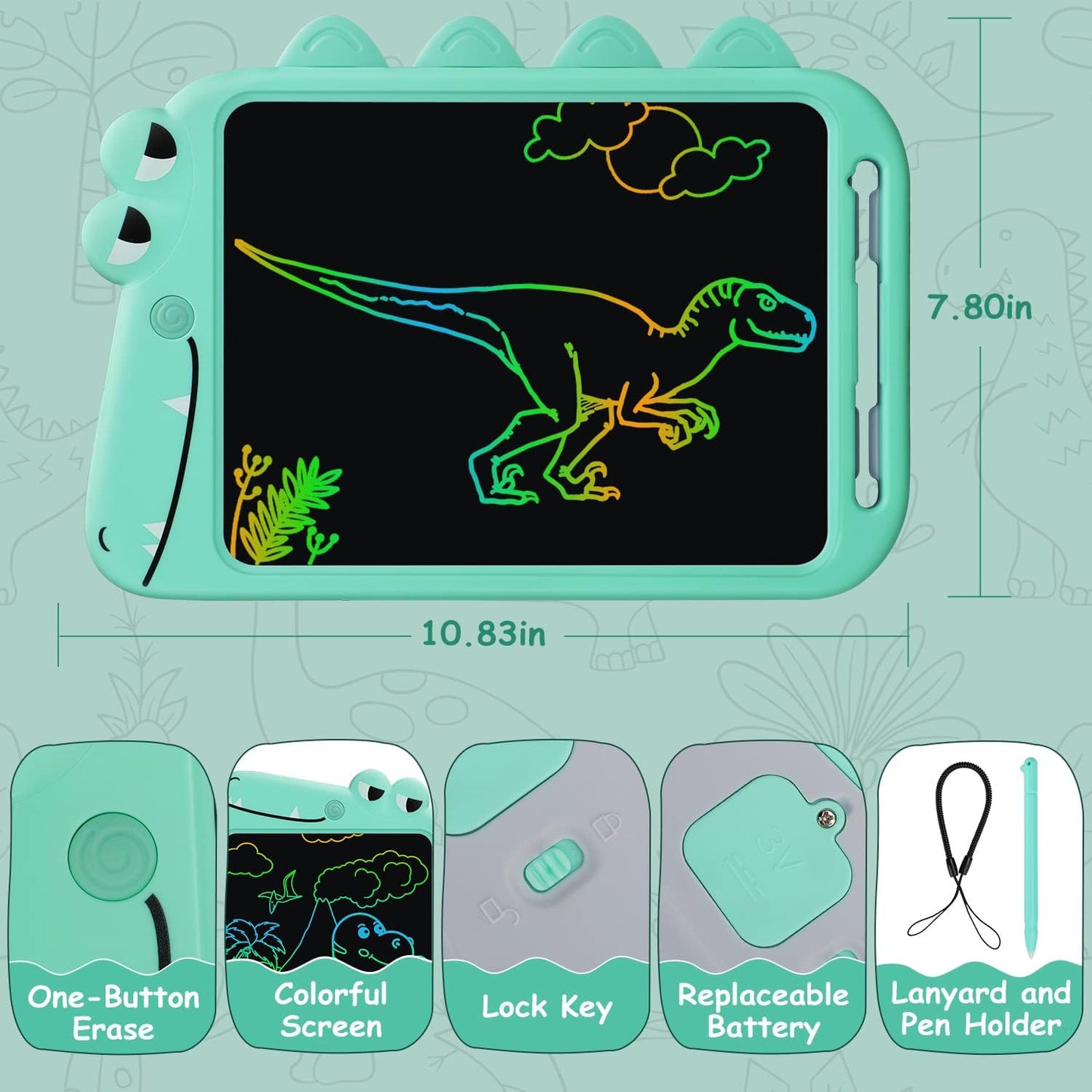 LCD Writing Tablet for Kids, 10 Inch Colorful Drawing Board, Learning Educational Toddler Toys Gifts for Kids, Drawing Tablet Gift for Boys Girls 3 4 5 6 7 8 Years Old (Green-Dinosaur)