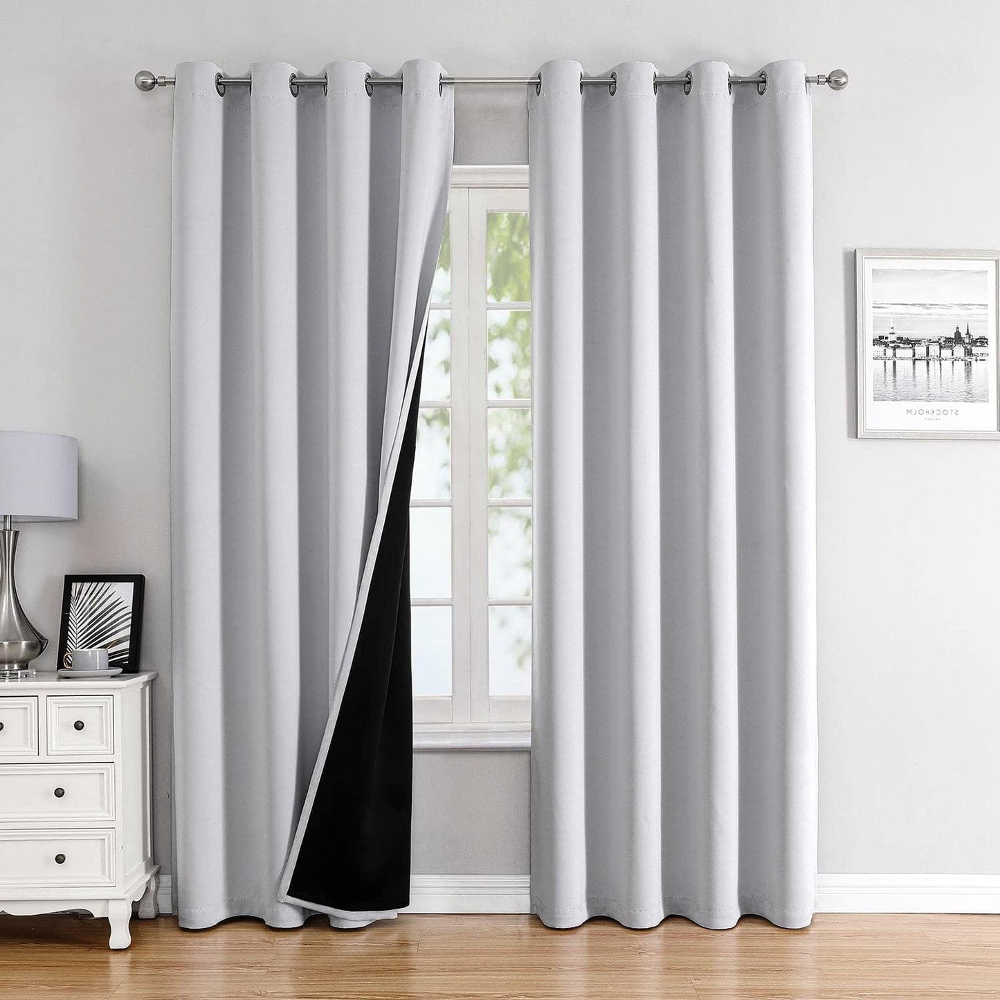 ChrisDowa 100% Blackout Curtains 80 inch Long for Bedroom with Black Liner, 2 Thick Layers Total Blackout Thermal Insulated Grommet Window Curtains 2 Panels Set (Greyish White, 52 x 80 Inch)
