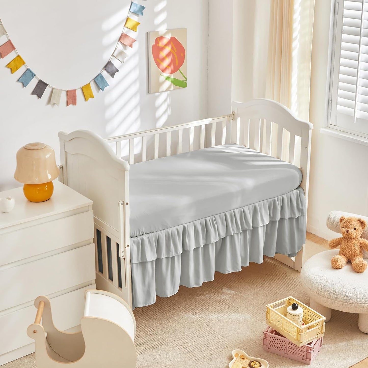 Tufted Ruffle Crib Bedding Set 3 Pieces Baby Girls Boys Boho Quilted Comforter with Fitted Sheet and Bed Skirt - Cute Ruffled Shabby Chic Baby Bedding Soft Blanket Design Light Gray