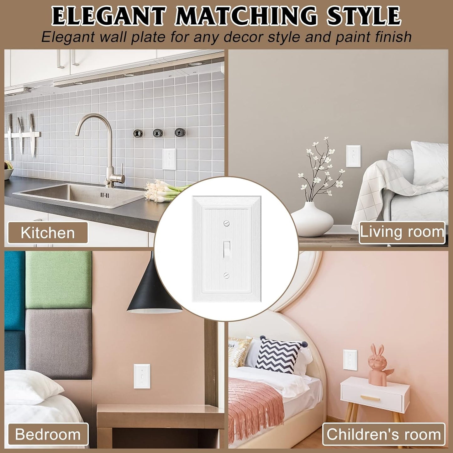 Modern Decorative Wall Plate Switch Plate Outlet Cover, Vintage Retro Wood Grain Design(Single Toggle-10 Pack, White)