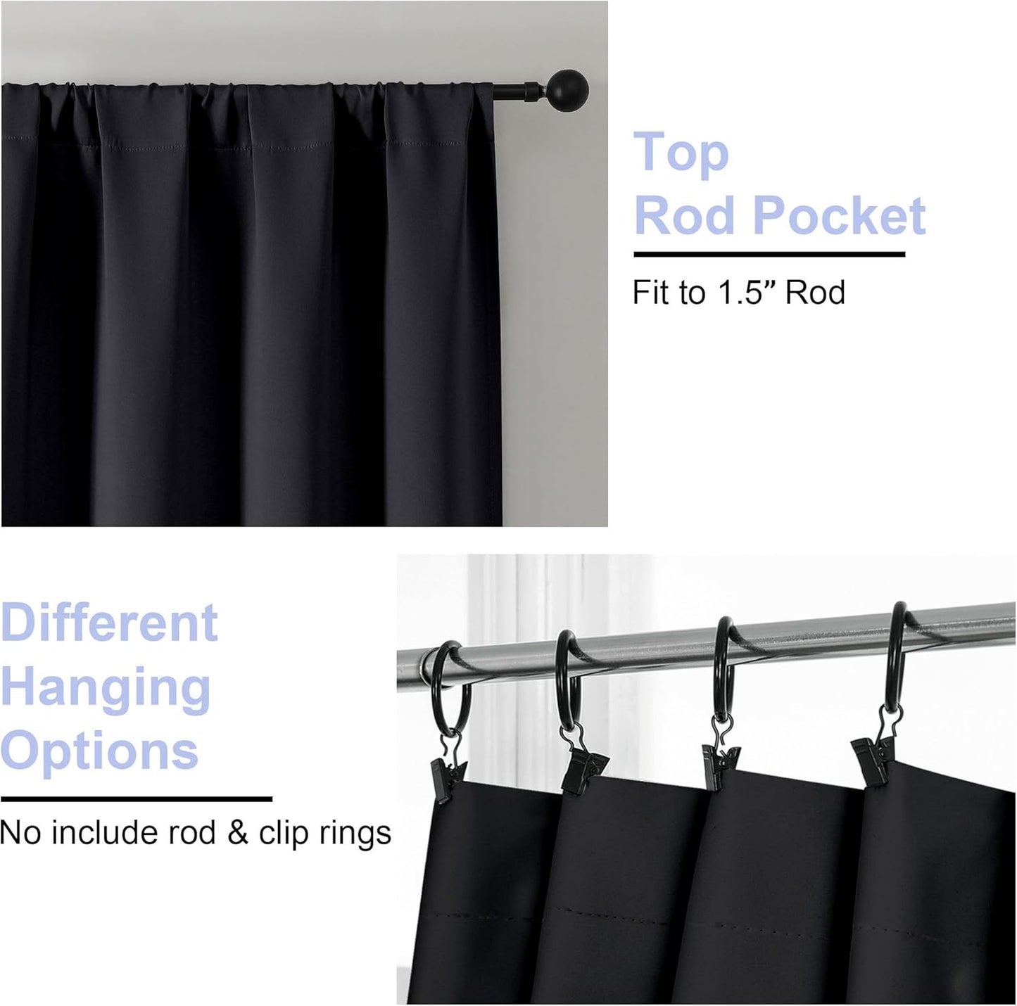 Simplebrand Ava Halloween Black Blackout Curtains for Bedroom 90 Inches Long 2 Panels Set, Solid Privacy Energy Saving Living Room Window Treatment Curtains Blackout Drapes, W50 x L90 Inch, Black