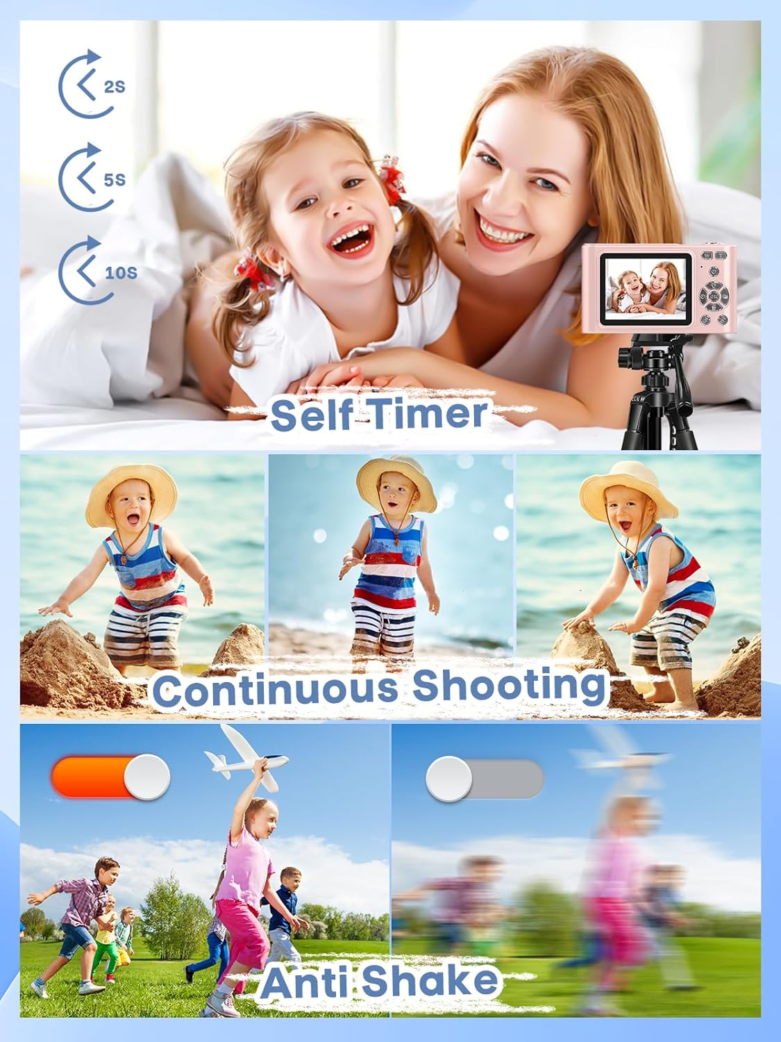 Digital Camera, 44MP Full HD 1080P Point and Shoot Camera with 64GB Card, Anti Shake 16X Zoom Compact Volg Cameras, Portable Small Digicam Gift for Kids, Ages Teen Girl Boy - Pink