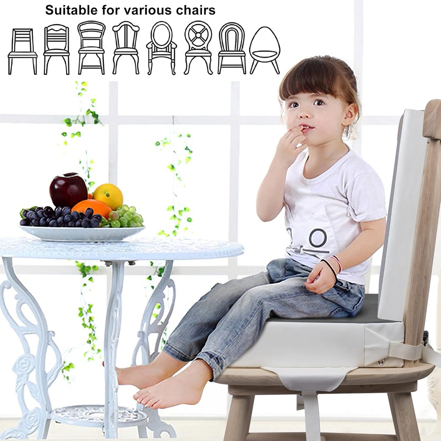 Kalawen Booster Seat for Kitchen Chair, Upgraded 2Pcs PU Washable Straps Safety Buckle Kids Toddler Booster Seat for Table