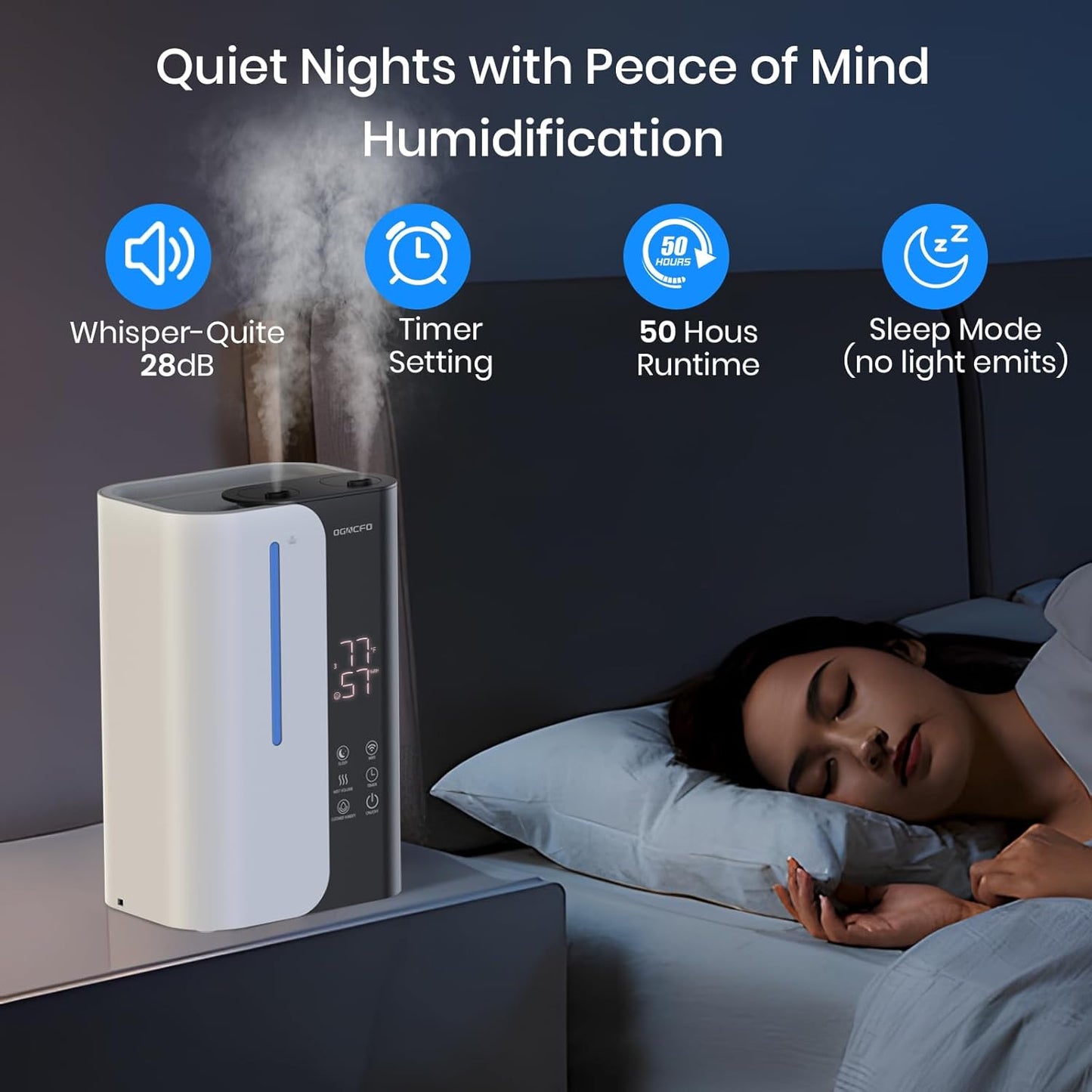 Cool Mist Humidifiers for Bedroom and Plants & Baby, Top Fill 5L Large Room Smart Humidifier for Home Nursery, 28 dB Quiet 50H Runtime Bedroom humidifier with Essential Oils