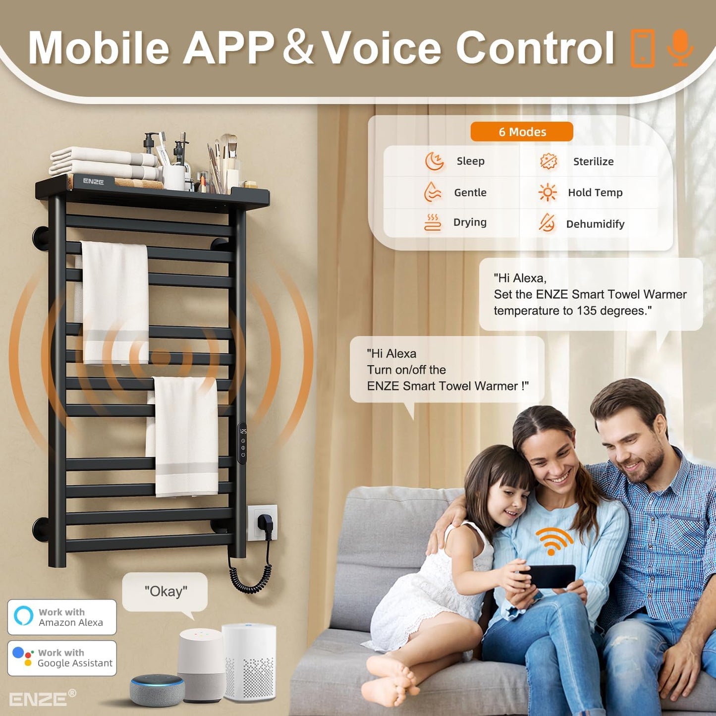 ENZE Heated Towel Rack with Shelf and Wi-Fi App Control, 11 Bars Electric Wall Mounted Towel Warmer with Timer & Adjustable Temperature, Low Carbon Steel, Plug-in/Hardwired, Matte Black