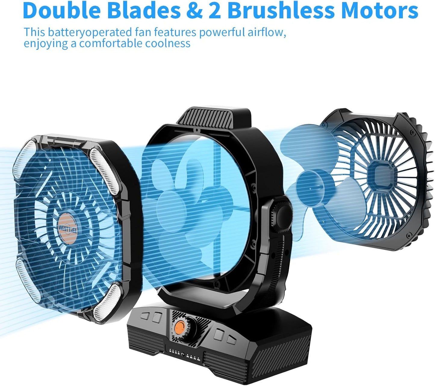 Camping Fan 20000mAh Rechargeable Battery Operated fan Outdoor Tent Fan with Light & Hook 270° Pivot, knob Speeds, Personal USB Desk Fan for Camping Power Outage Jobsite Black X68