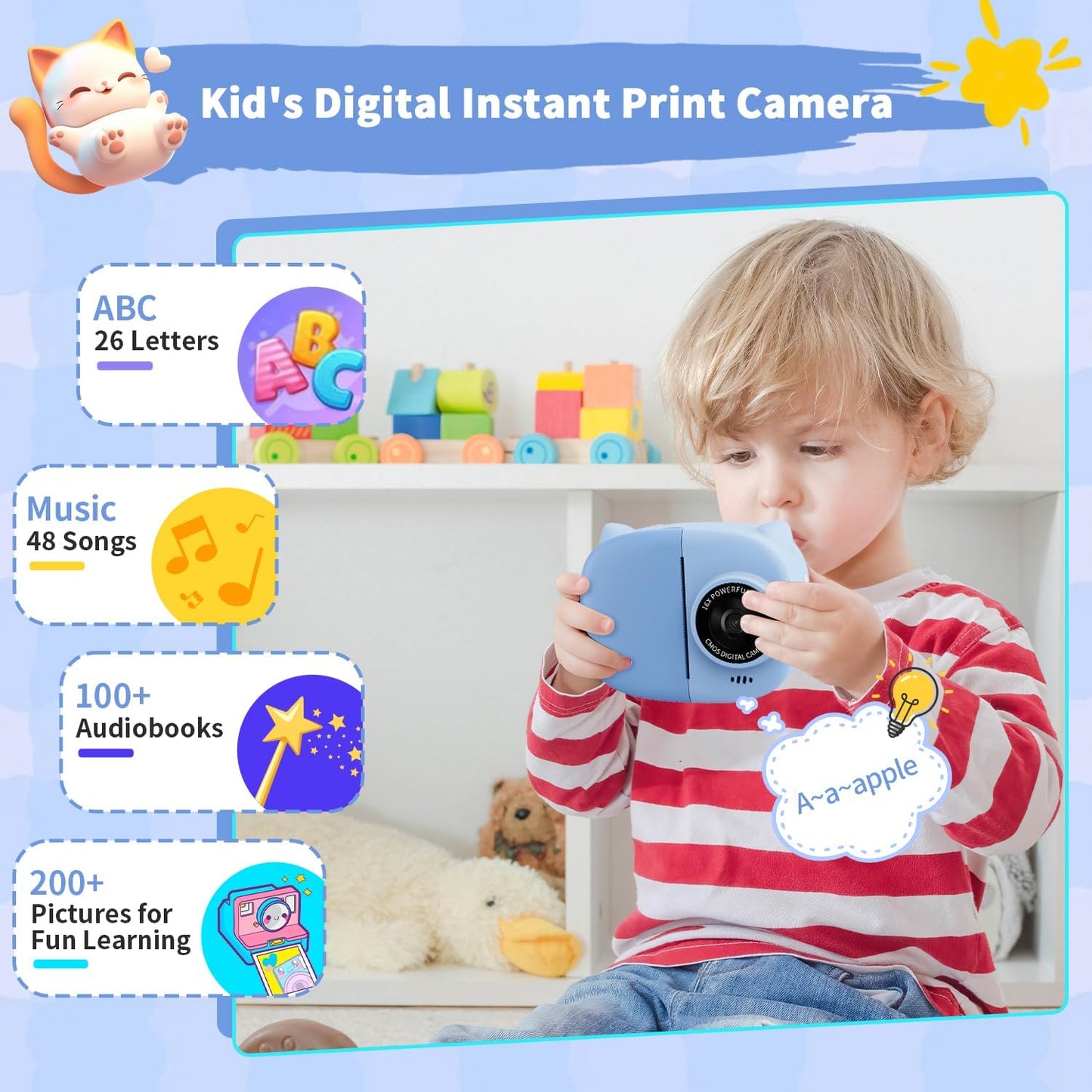 Rongta Kids Camera Instant Print, 1080P Kids Instant Cameras That Print Photos, Christmas Birthday Gifts for Boy Age 3-12, Video Camera Portable Toy for 3 4 5 6 7 8 9 10 Year Old Boy(Blue)