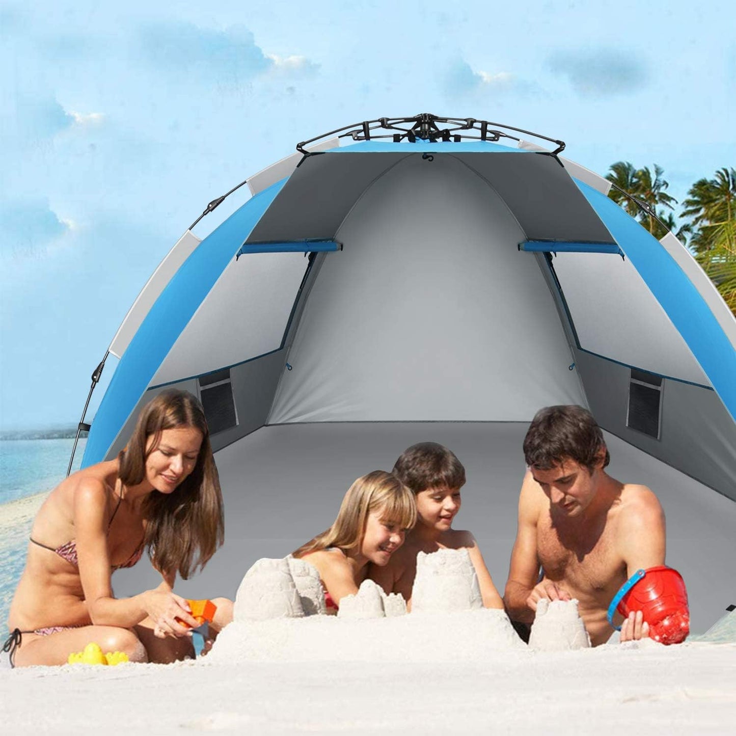 Oileus X-Large 4 Person Beach Tent Sun Shelter - Portable Sun Shade Instant Tent for Beach with Carrying Bag, Stakes, 6 Sand Pockets, Anti UV for Fishing Hiking Camping, Waterproof Windproof, Blue