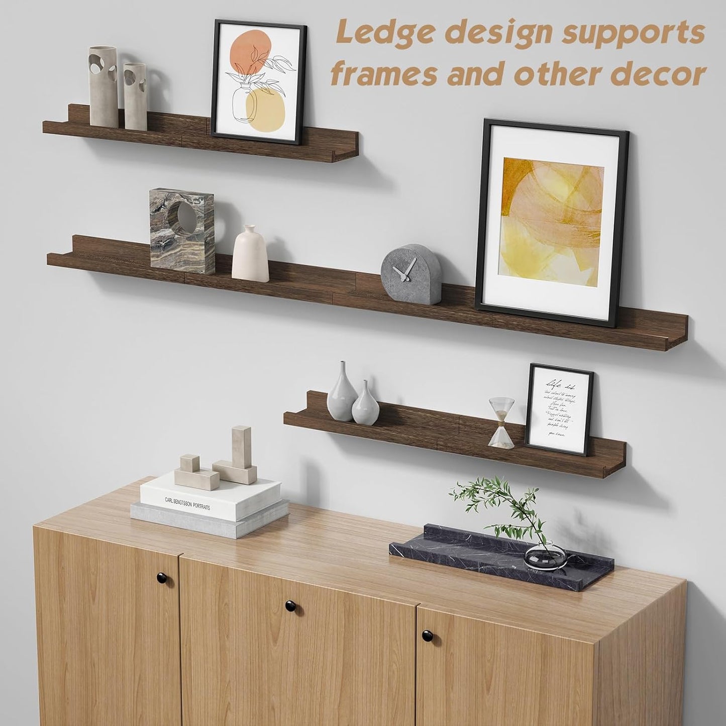 Forbena Dark Wood Nursery Floating Shelves for Wall Set of 4, Short Wall Bookshelf for Kids Bedroom, Wooden Hanging Book Shelves with Rail for Nursery Books, Baby Room Bathroom Storage (Dark Brown)