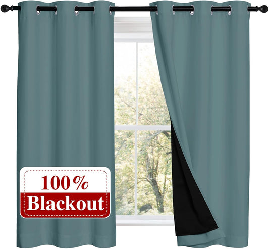 NICETOWN 100% Blackout Curtains 54 inches Long, Double-Deck Completely Blackout Window Treatment Thermal Insulated Lined Drapes for Small Window (Aqua, 1 Pair, 42 inches Width Each Panel)