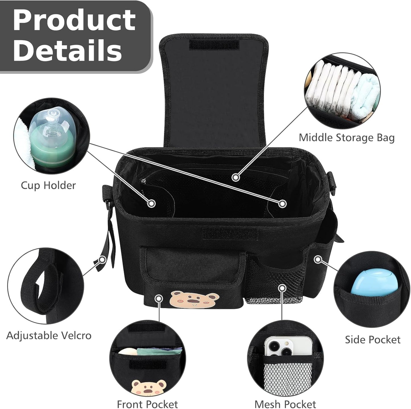 Accmor Universal Stroller Organizer with Cup Holder and Shoulder Strap, Stroller Bag Caddy Organizer Stroller Accessories for Uppababy, Baby Jogger, Nuna, Doona, Britax Strollers