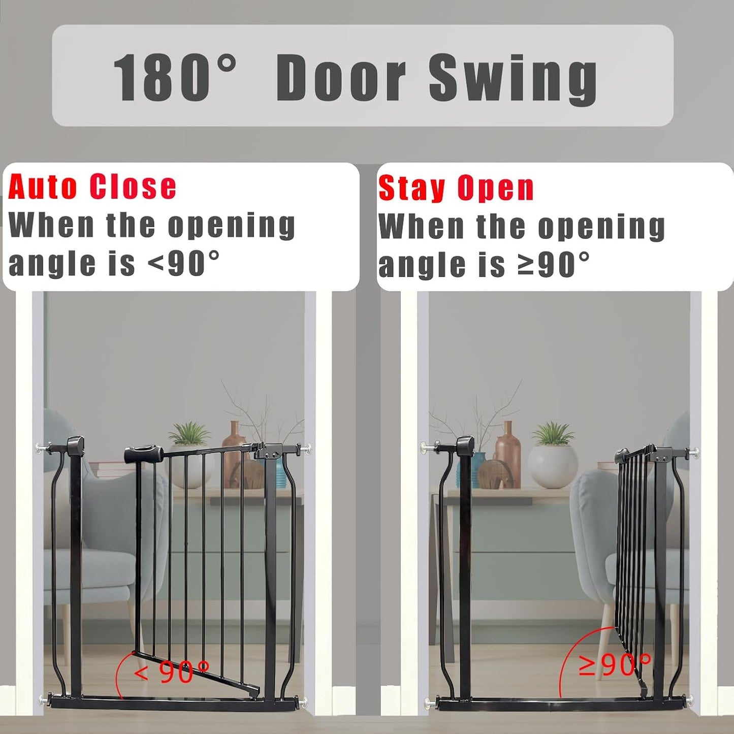 Extra Wide Baby Gate - 43.3-48 Inch Tension Mounted Safety Child & Pet Gate - Black Metal - Walk Through - Long - for House Doorways & Stairs, 30 Inch Tall