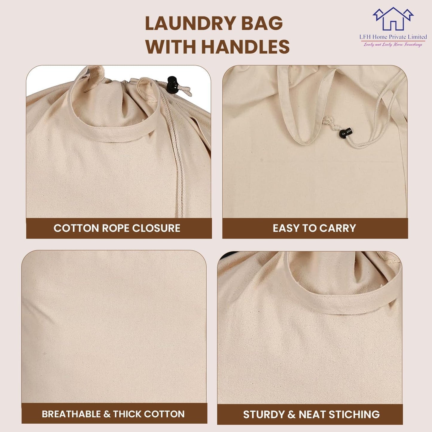 LFH Home Large Premium 100% Cotton Canvas Laundry Bag with Drawstring and Handles Heavy Duty, Multi-Use, and Washable for Home, Travel, College or Storage 24x36 (Pack of 4)-Natural