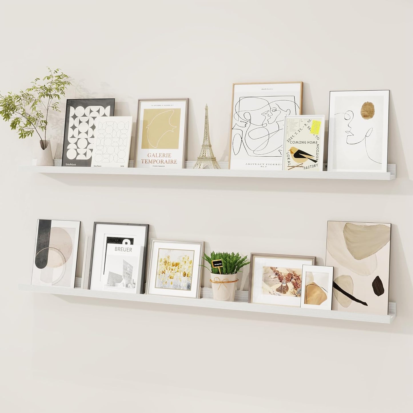 Picture Ledge Shelf, Solid Pine Wood Floating Shelves Set of 2, 48 Inches Nursery Book Shelves for Toys Storage, Kids Bookshelf Wall Mounted for Living Room Bedroom Decor Books Photo Frames, White