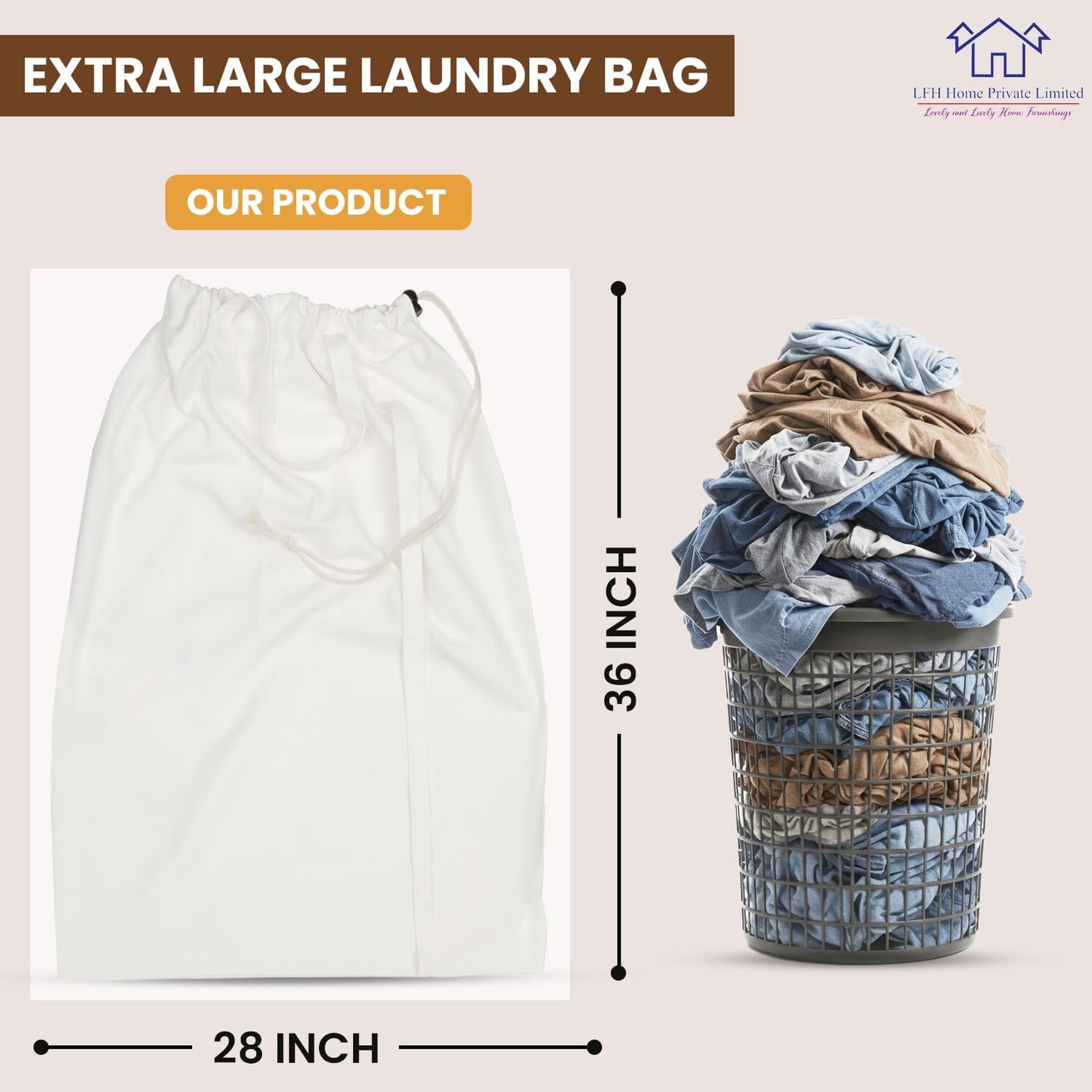 LFH Home Cotton Canvas Extra Large Laundry Bag with Handle, Heavy Duty Drawstring Closure Washable Laundry Bags School Travel, Home, Hotel, College Dorm, Organizer Sack, Toys Clothes 28x36-White
