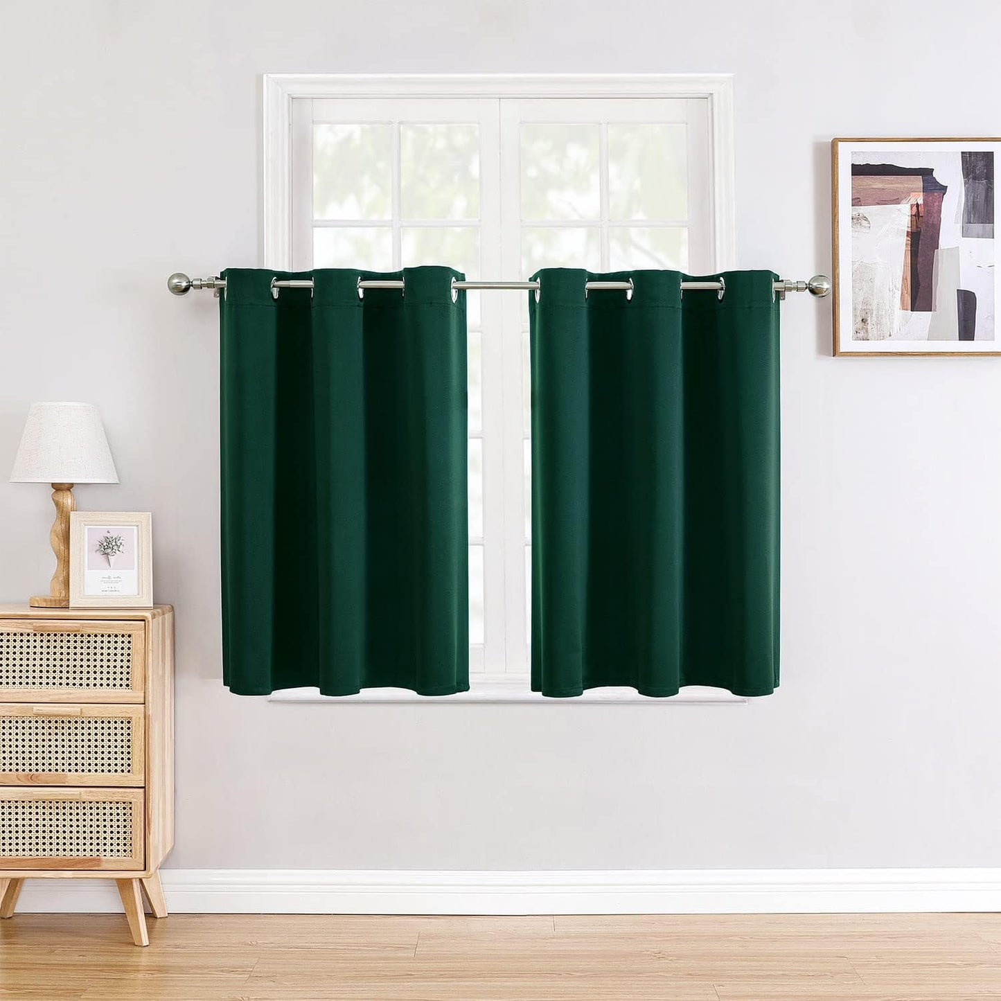 ChrisDowa Small Window Curtains for Kitchen and Bedroom - Grommet Short Thermal Insulated Room Darkening Curtains (2 Panels, Forest Green, 34 x 36 Inch)