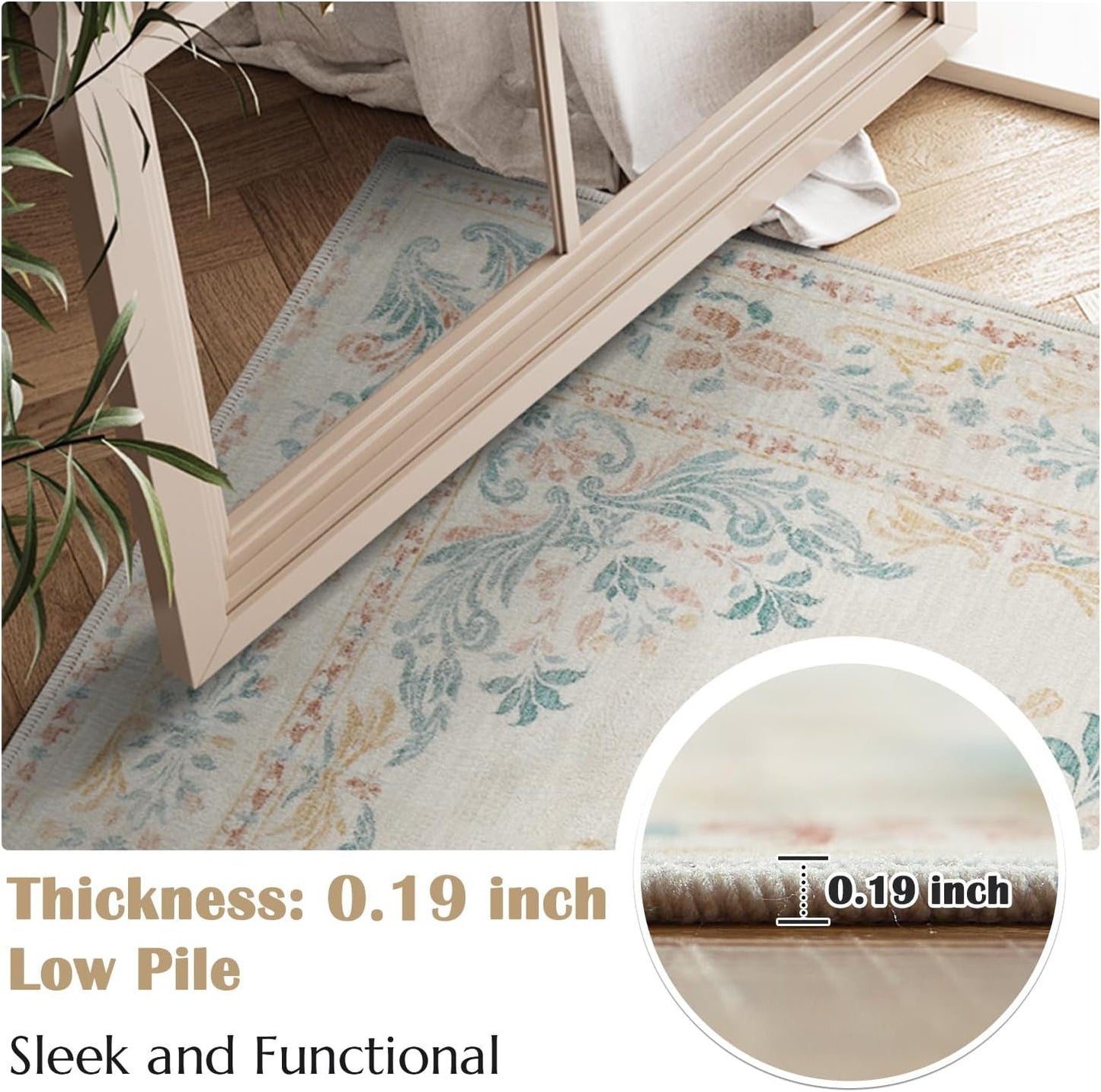 jinchan Vintage Floral 3x5 Area Rugs for Entryway - Machine Washable Distressed Design Ultra-Thin Low-Pile Soft Non-Shedding Carpet for Kitchen Bedroom Laundry Living Room (3x5ft,Apricot Multi)