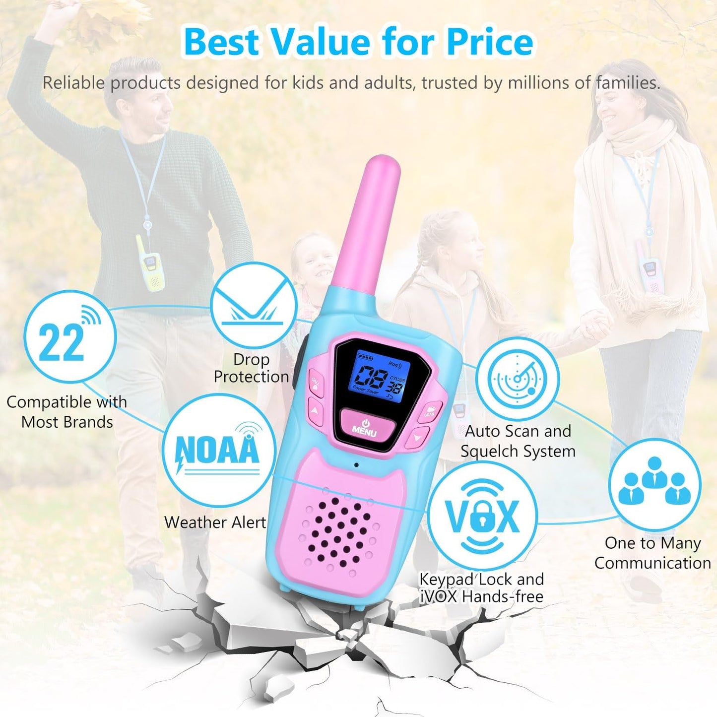 Walkie Talkies for Kids Long Range Rechargeable 4 Miles NOAA Walkie-Talkies for Adults Seniors Toddlers Boys Girls Teens 3 Pack, Family Pink 2 Way Radio Toy for Adventure Camping Skiing Cruise
