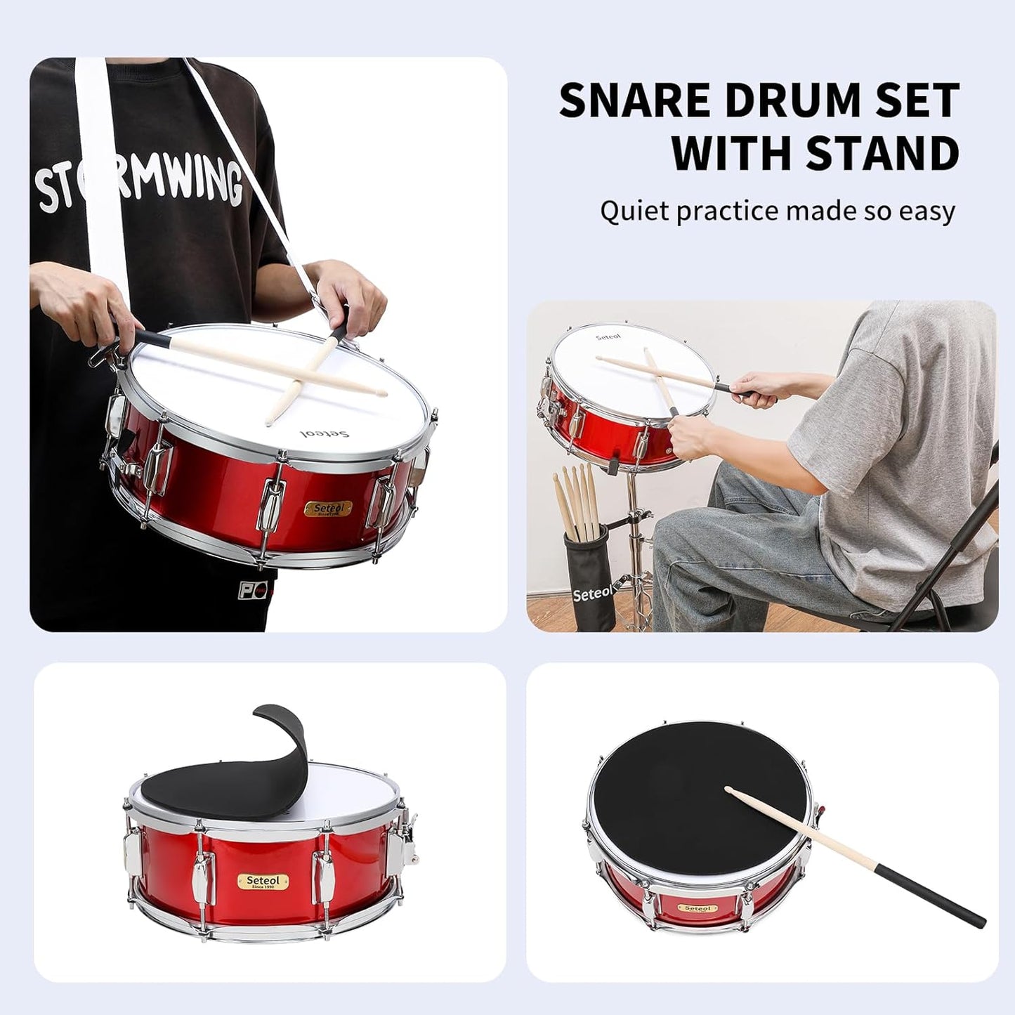 Snare Drum Set, 14" x 5.5" Marching Snare Drum with Stand & Storage Padded Bag + Silent Mute Pad + Drums Sticks + Drumstick Holder + Drums Key + Damper Gels for Adults Kids Beginners (Red)