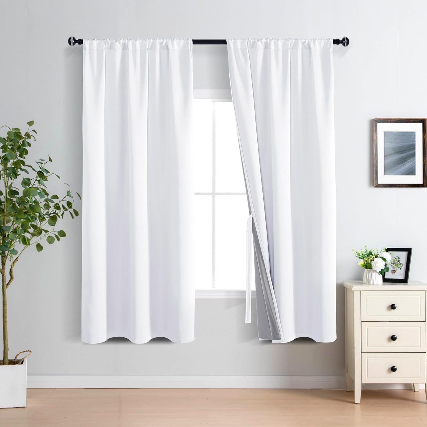 XWZO 100% Blackout Curtain Panels - Thermal Insulated Black Liner Rod Pocket Curtains, Noise Reducing and Heat Blocking Drapes for Hall and Studio Windows with Tiebacks, White, W42 x L72, Set of 2