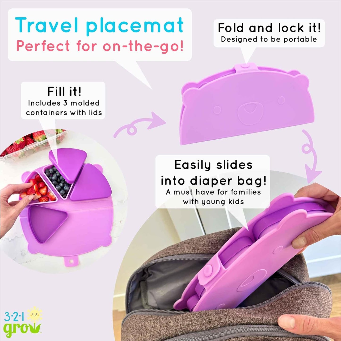Silicone On-The-Go Snack Mat – Foldable Reusable Placemat with 3 Compartments and Lids – Travel-Friendly Baby and Toddler Snack Plate – Dishwasher Safe (Plum)