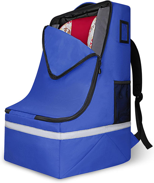 Car Seat Travel Bag for Airplane, Infant Seat Carrier with Shoulder Strap, Padded Backpack with Reflective Stripes, Blue
