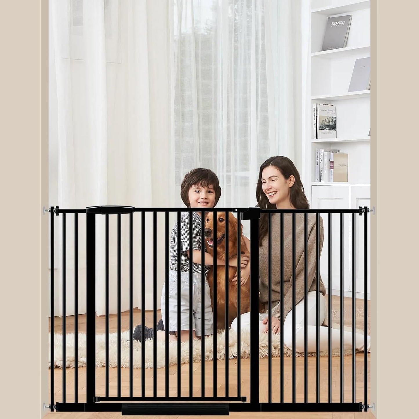 Extra Wide Baby Gate 30.11-77.36",Ultra Narrow 1.37" Spacing Dog Gate indoor,Double Lock Auto Close Pet Gate for House,Pressure Mounted Baby Gate Easy Walk Through Pet Gate for Hallway(Black)
