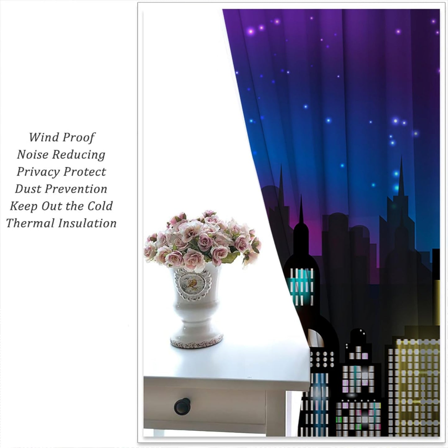 Superhero Rod Pocket Blackout Curtains for Boy Girl Bedroom, Super City Skyline Buildings Night Panorama Thermal Insulated Home Window Drapes for Living Room Darkening, 84x72 inch