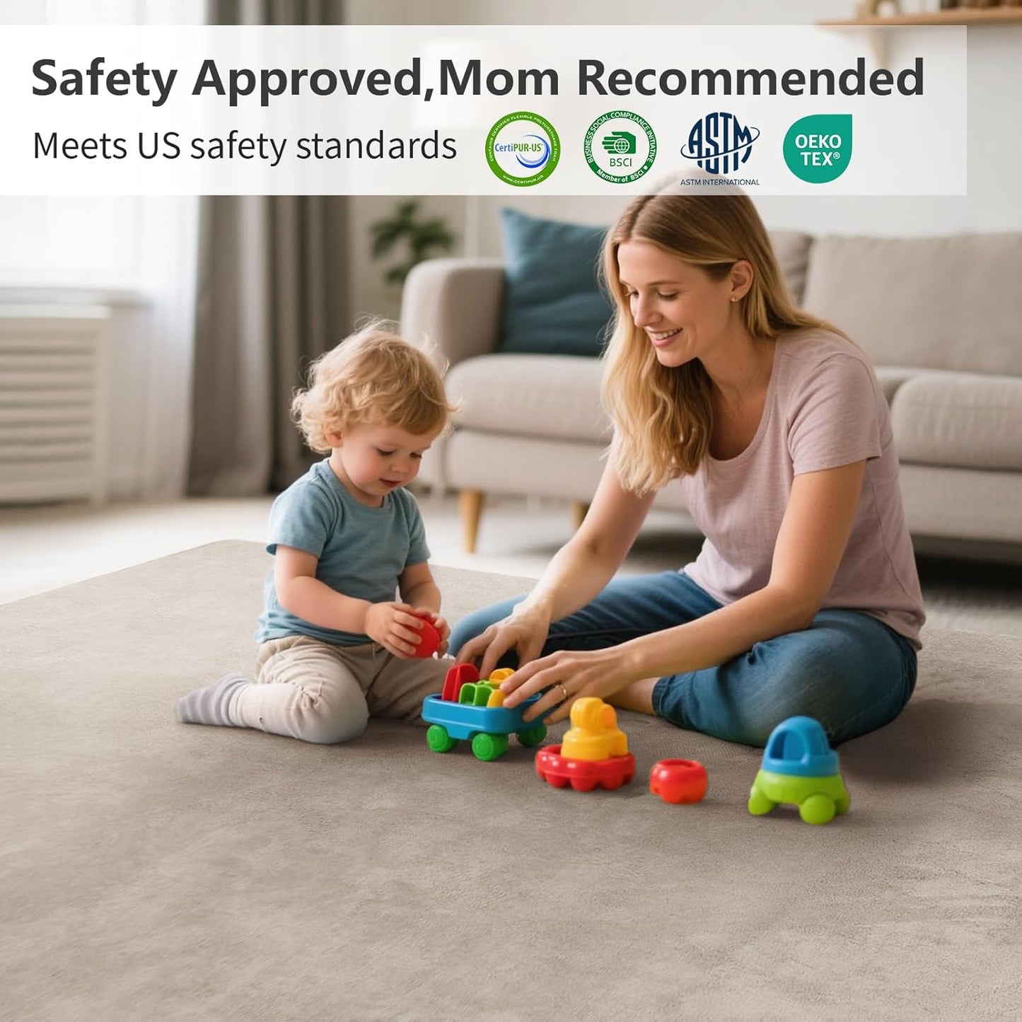 Baby Play Mat for Floor,1.3" Thick Elasti-Foam 50"×50" Playpen Mat for Tummy Time,Water Repellent Soft Coral Velvet for Toddler,Infant,Kids,Non-Slip Backing Safe for Crawling(Light Grey)
