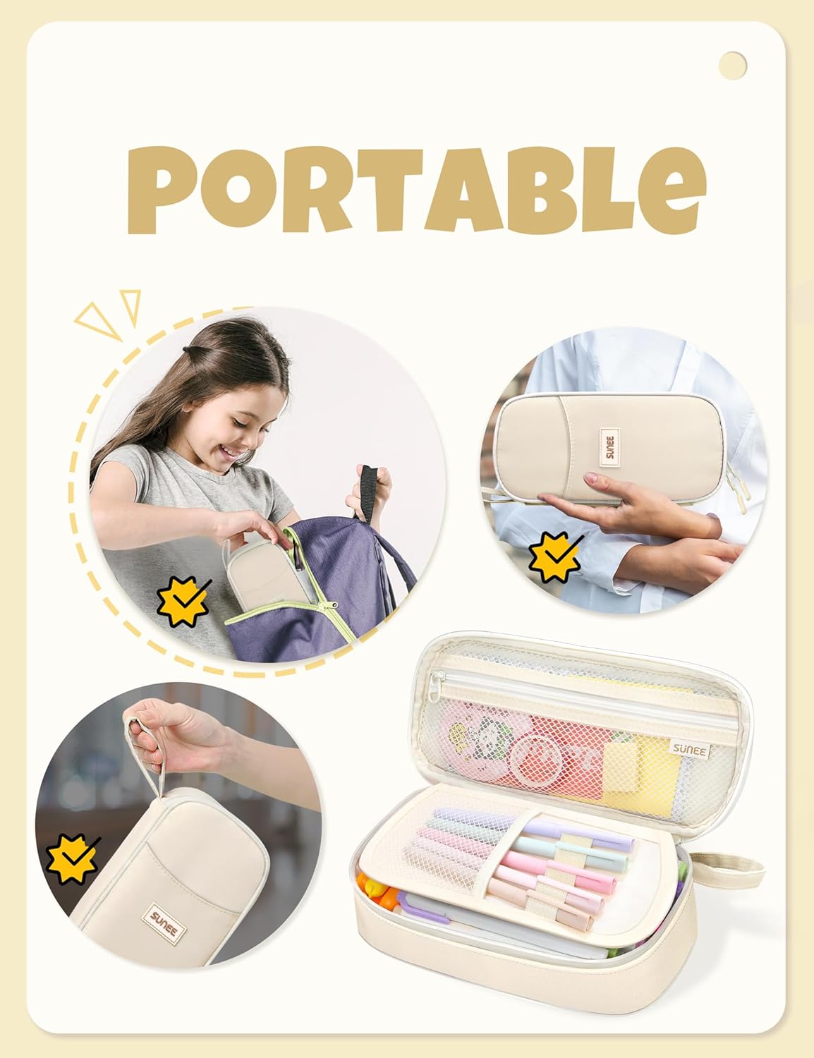 SUNEE Cute Pencil Case, Aesthetic Pen Pouch, Colored Large Pencil Bag with Zipper, Kawaii Stationery Storage and Organizer, School Supplies for Teen and Adult Girls, Beige