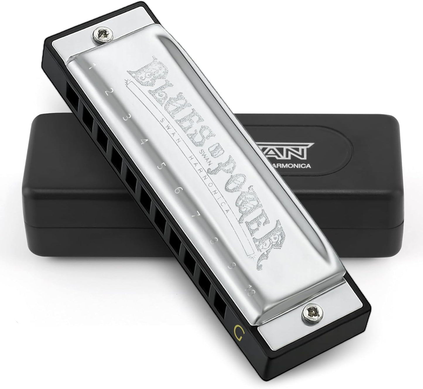 SWAN Blues Harmonica, Key of G, 10 Hole 20 Tone Diatonic Harp Mouth Organ, Stainless Steel Deluxe Harmonica for Adults, Students, Beginners, as a Gift (Silver-G)