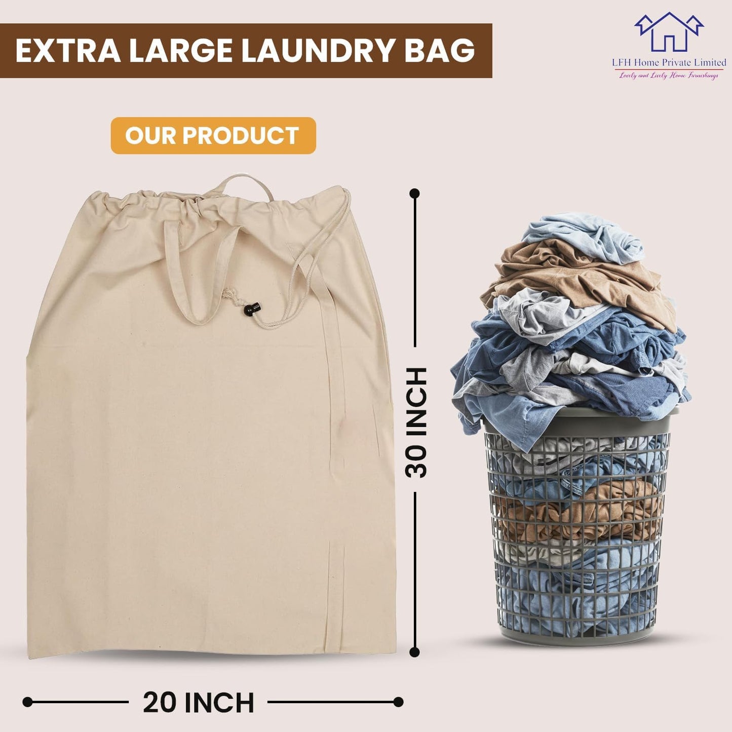 LFH Home Cotton Canvas Large Laundry Bag with Handle, Heavy Duty Drawstring Closure Washable Laundry Bags School Travel, Home, Hotel, College Dorm, Organizer Sack, Toys Clothes 20x30-Natural