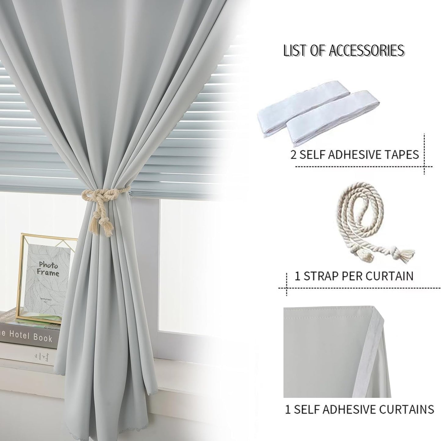 self Adhesive Curtains Portable Blackout Curtain Simple and Easy to Install Bedroom Window Thermal Lnsulated Kitchen Room Darkening Black Small Drapes, 35" W X 79" L, White, 1 Panel