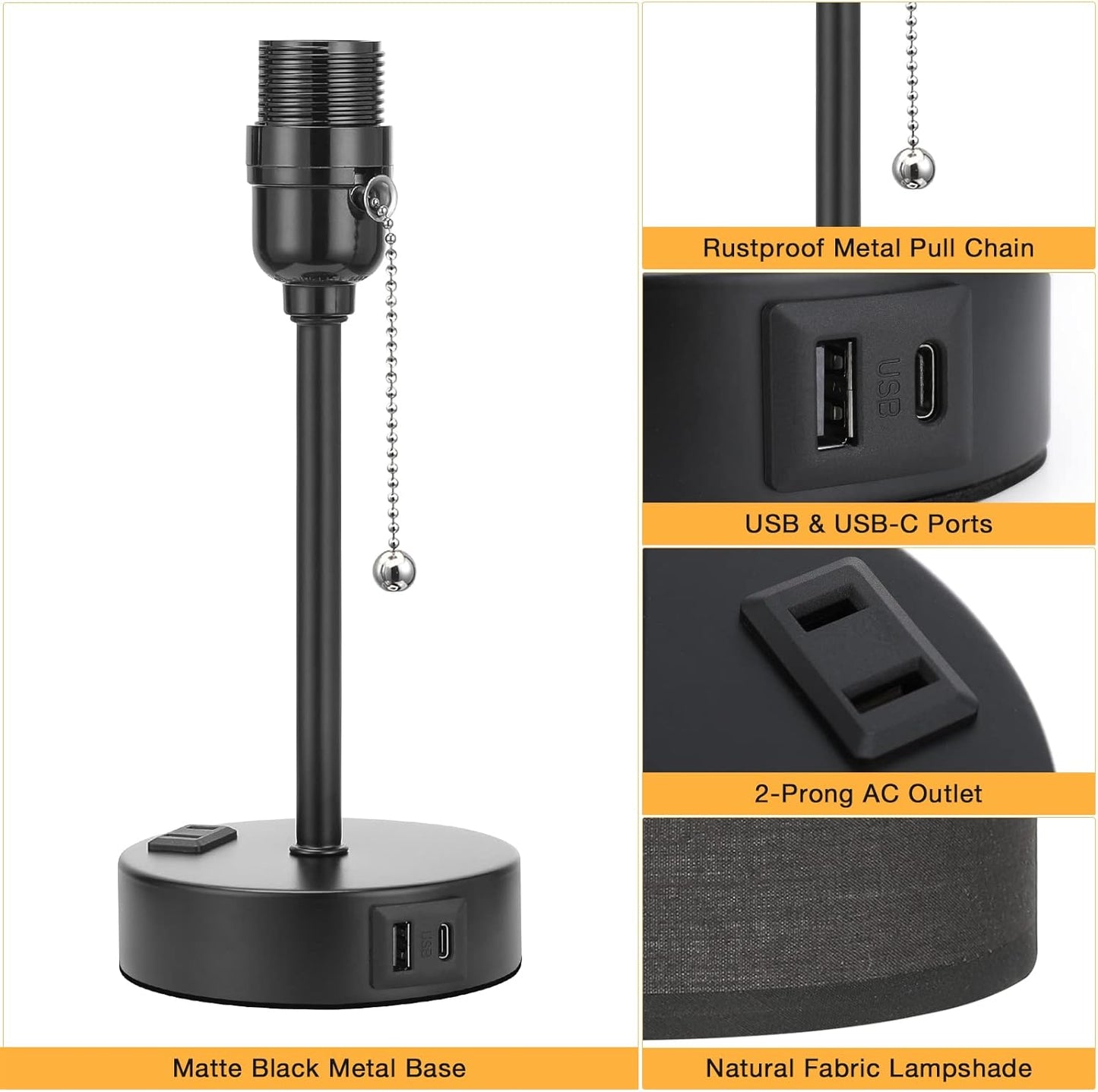 Dicoool Black Bedroom Lamp 3 Color Temperatures - Small Bedside Lamps with USB C and A Ports, Pull Chain Table Lamps with AC Outlet, Black Nightstand Light for Kids Sleeping