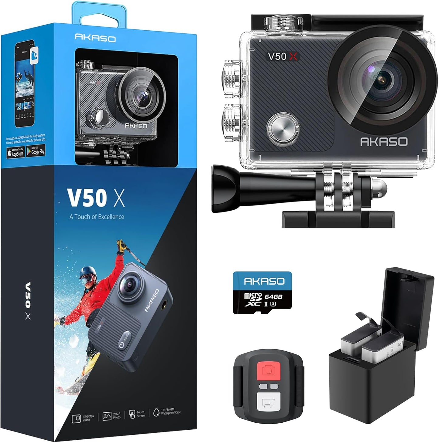 AKASO V50X Native 4K30fps WiFi Action Camera with EIS Touch Screen 4X Zoom 131 feet Waterproof Camera Support External Mic Remote Control with Helmet Accessories (with 64GB MicroSD Card)